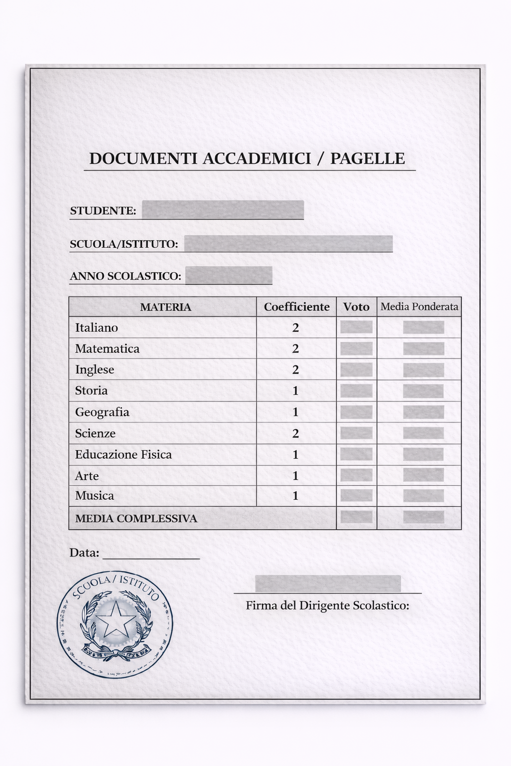 DOCUMENTI ACCADEMICI / PAGELLE - TRADUZIONE